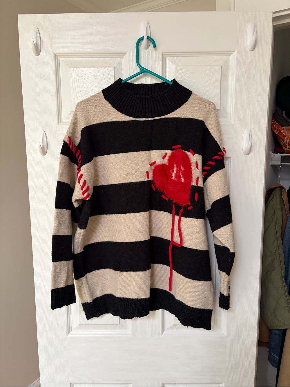Aelfric Eden Black and Cream Striped Crewneck Sweater with Red Heart Detail